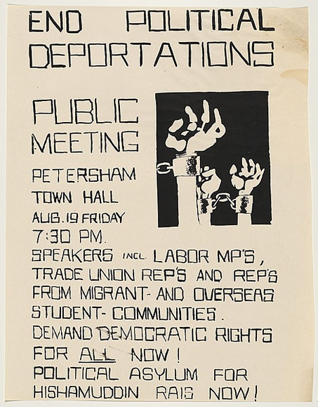 Artist: b'UNKNOWN' | Title: b'End political deportations.' | Date: 1977 | Technique: b'screenprint, printed in black ink, from one stencil'