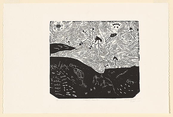 Artist: b'Gilbert, Kevin.' | Title: b'Massacre mountain' | Date: 1965 | Technique: b'linocut, printed in black ink, from one block'