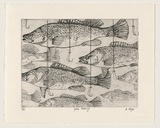 Title: b'Gone fishing.' | Date: 1999 | Technique: b'etching; collaged addition of cotton and metal hooks'