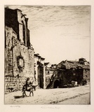 Artist: b'LINDSAY, Lionel' | Title: b'An ancient gateway, Burgos' | Date: 1928 | Technique: b'drypoint, printed in brown ink with plate-tone, from one plate' | Copyright: b'Courtesy of the National Library of Australia'