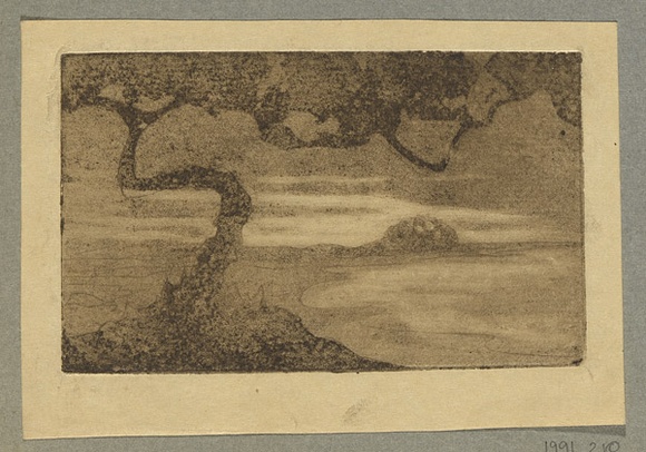 Artist: b'Coleman, Constance.' | Title: b'(Misty tree and bay).' | Date: c.1944 | Technique: b'aquatint and etching, printed in brown ink with plate-tone with wiped highlights, from one plate'