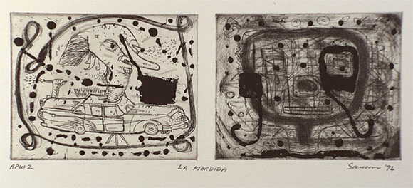 Artist: b'SANSOM, Gareth' | Title: b'La mordida' | Date: 1994, January - March | Technique: b'etching and aquatint, printed in black ink, from two plates'