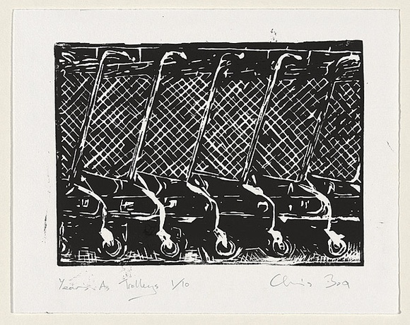 Title: b'Years as trolleys.' | Date: 1999 | Technique: b'linocut, printed in black ink, from one block'