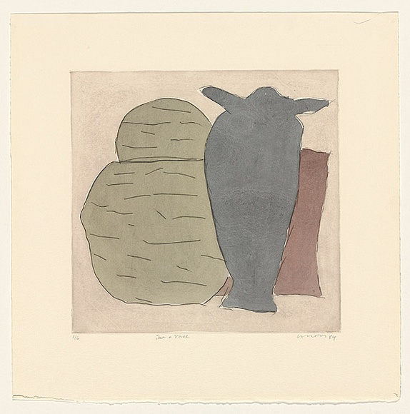 Title: b'Jar and vase' | Date: 1984 | Technique: b'drypoint, printed in black ink, from one perspex plate; hand-coloured'
