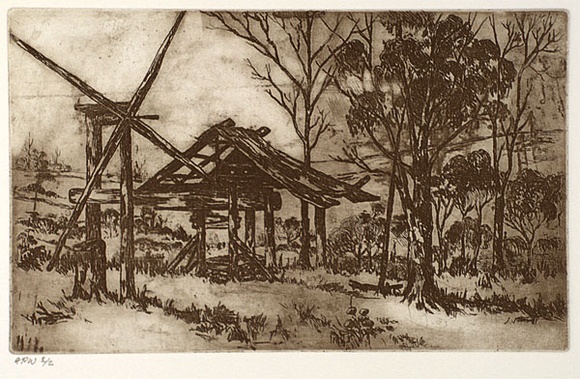 Artist: b'Stockfeld, R.H.' | Title: b'The old wool press' | Date: c.1935 | Technique: b'etching, printed in sepia ink, from one plate'