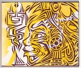 Title: b'Derailed' | Date: 2003 | Technique: b'stencil, printed in yellow and maroon aerosol paint, from two stencils'