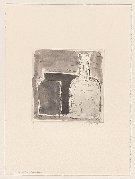 Title: b'not titled [still life with bottle]' | Date: 1983 | Technique: b'drypoint, printed in black ink, from one perspex plate; additional hand-watercolour'