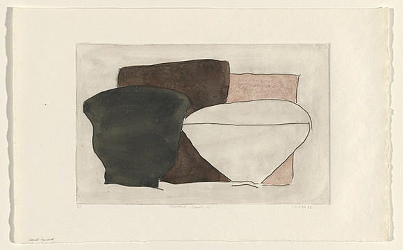 Title: b'Covered bowl 2' | Date: 1983 | Technique: b'drypoint, printed in black ink, from one perspex plate; hand-coloured'