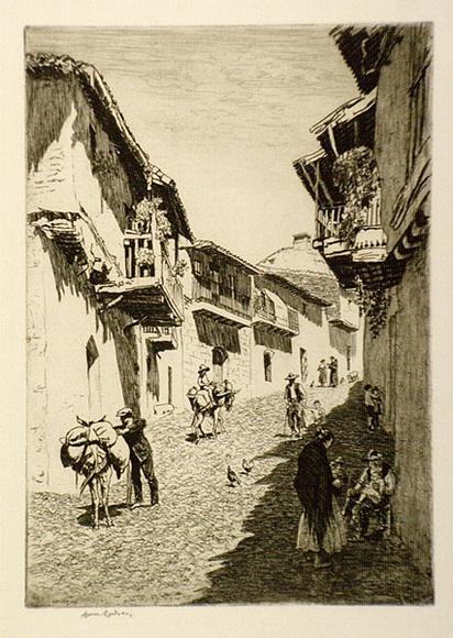 Artist: b'LINDSAY, Lionel' | Title: b'Street of the Kings, Guadalupe' | Date: 1945 | Technique: b'etching, printed in brown ink with plate-tone, from one plate' | Copyright: b'Courtesy of the National Library of Australia'