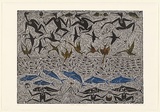 Artist: Nona, Dennis. | Title: Saral Zagal Palaik | Date: 2000 | Technique: linocut, printed in black ink, from one block; hand coloured | Copyright: Courtesy of the artist and the Australia Art Print Network
