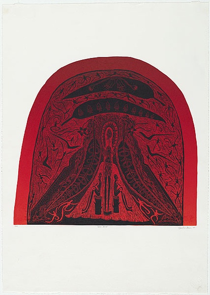 Artist: b'Hamm, Treanna.' | Title: b'Bush bride' | Date: 1997 | Technique: b'linocut, printed in red and black ink, from two blocks'