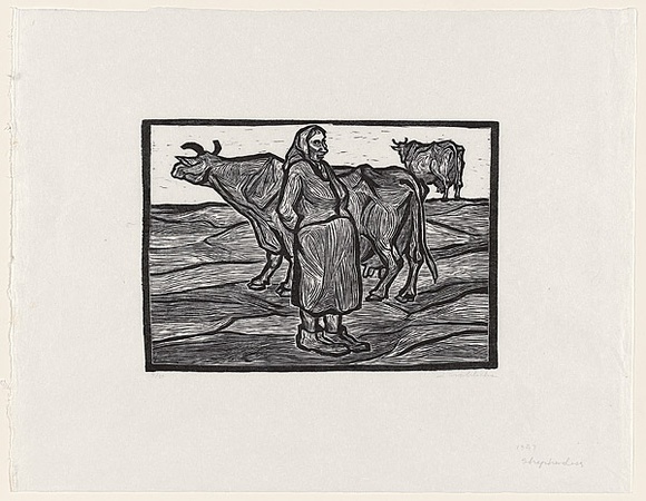 Artist: Groblicka, Lidia. | Title: The shepherdess | Date: 1957 | Technique: woodcut, printed in black ink, from one block