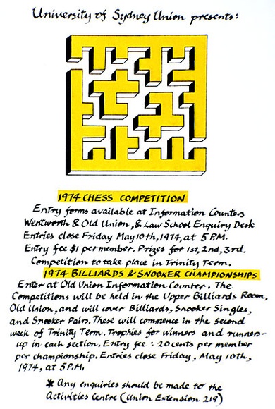 Artist: b'Bramley-Moore, Mostyn.' | Title: b'Chess, Billiards and Snooker Competition' | Date: 1974 | Technique: b'screenprint, printed in colour, from multiple stencils'