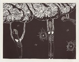 Artist: b'COLEING, Tony' | Title: b'Battlefield (three skeletons + two stars).' | Date: 1986 | Technique: b'linocut, printed in black ink, from one block'