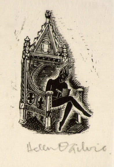 Artist: b'OGILVIE, Helen' | Title: b'(Satan-like male figure seated on throne)' | Date: (1953) | Technique: b'wood-engraving, printed in black ink, from one block'