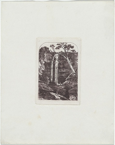 Artist: b'Terry, F.C.' | Title: b'(A waterfall).' | Date: c.1860 | Technique: b'etching, printed in purple/black ink, from one plate'