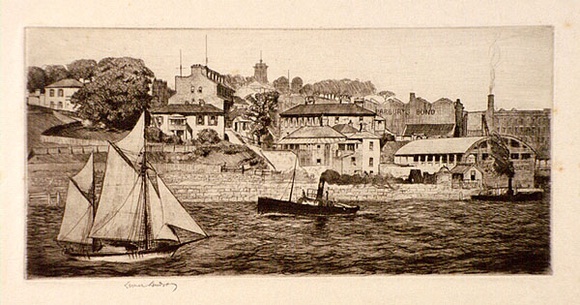 Artist: LINDSAY, Lionel | Title: Dawes Point, Sydney | Date: 1911 | Technique: etching, drypoint and aquatint, printed in brown ink, from one plate | Copyright: Courtesy of the National Library of Australia