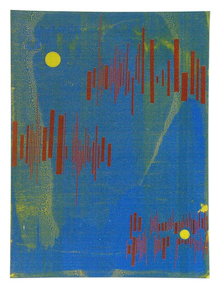 Artist: b'Tilley, Lorna.' | Title: b'(Poster of moons and stripes)' | Date: 1973 | Technique: b'screenprint, printed in colour, from multiple stencils'