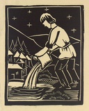 Artist: Allen, Joyce. | Title: (The giant pouring water). | Date: 1948 | Technique: linocut, printed in black ink, from one block