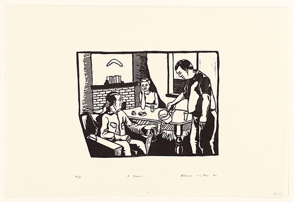 Artist: b'Carrington, Berenice.' | Title: b'A beer' | Date: 1991 | Technique: b'linocut, printed in black ink, from one block'