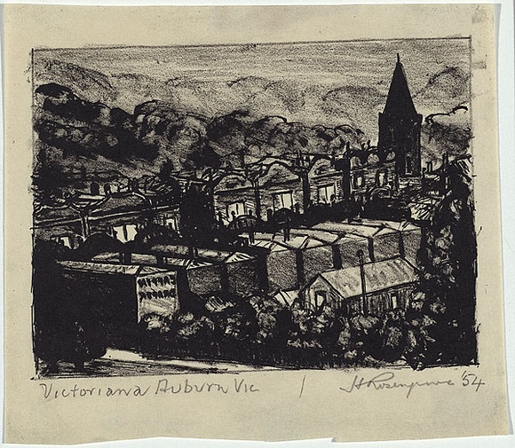 Artist: b'ROSENGRAVE, Harry' | Title: b'Victoriana, Auburn Vic.' | Date: 1954 | Technique: b'lithograph, printed in black ink, from one zinc plate'