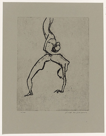 Artist: b'WILLIAMS, Fred' | Title: b'Tumblers. Number 2' | Date: 1967 | Technique: b'etching, deep etching, flat biting and mezzotint, printed in black ink, from one zinc plate' | Copyright: b'\xc2\xa9 Fred Williams Estate'