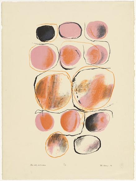 Artist: b'Adams, Tate.' | Title: b'Stone wall, pink and ochre.' | Date: 1969 | Technique: b'lithograph, printed in colour, from three stones (pink, ochre, and black)'