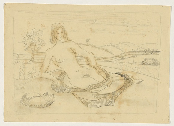 Artist: b'Hirschfeld Mack, Ludwig.' | Title: bnot titled [Reclining female nude in landscape] [recto]; [Study for 'Reclining female nude in landscape'] [verso] | Date: (1950-59?) | Technique: b'transfer print (recto)'