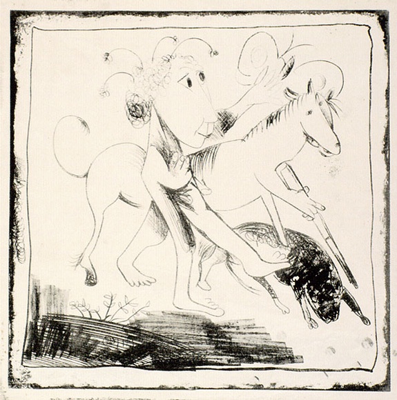 Artist: b'BOYD, Arthur' | Title: b'not titled [man, horse with crutch and dog].' | Date: about 1953 | Technique: b'lithograph, printed in black ink, from one zinc plate'