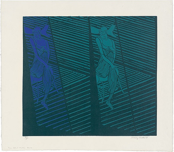 Artist: b'WALKER, Murray' | Title: b'Karen behind venetian blinds.' | Date: 1969 | Technique: b'linocut, printed in colour, from multiple blocks'