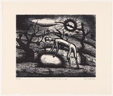 Artist: Mombassa, Reg. | Title: Presley monster buries an egg | Date: 2005 | Technique: etching and aquatint, printed in black ink, from one plate