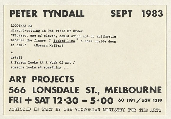 Artist: b'TYNDALL, Peter' | Title: b'Exhibition invitation: Peter Tyndall Sept. 1983. Arts Projects, Melbourne' | Date: 1983 | Technique: b'offset-lithograph, printed in black ink'