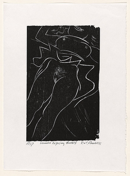 Artist: b'AMOR, Rick' | Title: b'Woman exposing herself.' | Date: 1988 | Technique: b'woodcut, printed in black ink, from one block'