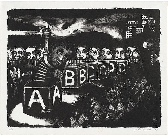 Artist: b'Bennett, Gordon.' | Title: b'not titled' | Date: 1987 | Technique: b'lithograph, printed in black ink, from one stone [or plate]' | Copyright: b'\xc2\xa9 Gordon Bennett, Licensed by VISCOPY, Australia'
