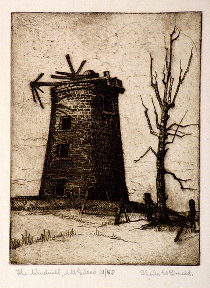 Artist: b'McDonald, Sheila.' | Title: b'The windmill, Mount Gilead' | Date: c.1935 | Technique: b'etching, printed in brown ink with plate-tone, from one plate'