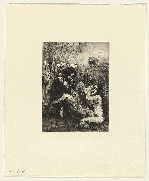 Artist: Shead, Garry. | Title: not titled [five figures under tree] | Technique: etching and aquatint, printed in black ink, from one plate | Copyright: © Garry Shead