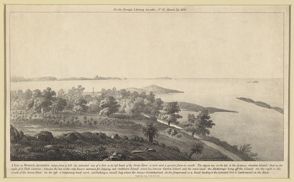 Title: b'A View in Western Australia, taken from a hill, the intended site of a Fort, on the left bank of the Swan River, a mile and a quarter from its mouth.' | Date: 1830 | Technique: b'lithograph, printed in black ink, from one stone'