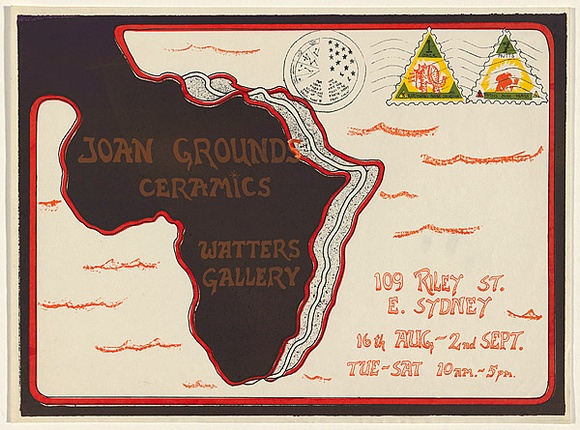 Artist: b'LITTLE, Colin' | Title: b'Joan Grounds ceramics: Watters Gallery, [Sydney 16 August - 2 September 1972] [1].' | Date: 1972 | Technique: b'screenprint, printed in colour, from six stencils'