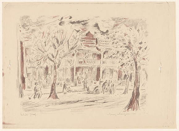 Artist: b'MACQUEEN, Mary' | Title: b'Terrace in Napier Street' | Date: c.1957 | Technique: b'lithograph, printed in colour, from two plates in grey and red ink' | Copyright: b'Courtesy Paulette Calhoun, for the estate of Mary Macqueen'