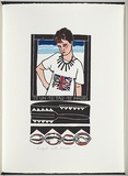 Artist: b'White, Robin.' | Title: b'Not titled (Brigid with knives).' | Date: 1985 | Technique: b'woodcut, printed in black ink, from one block; handcoloured'