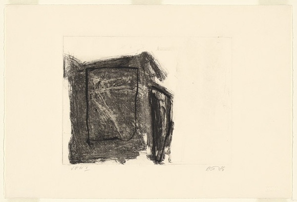 Artist: b'Tomescu, Aida.' | Title: b'not titled [tonal surface with dark linear rectangle overlayed]' | Date: 1986, September | Technique: b'etching and roulette, printed in black ink with plate-tone, from one plate; additions in black pencil' | Copyright: b'\xc2\xa9 Aida Tomescu'