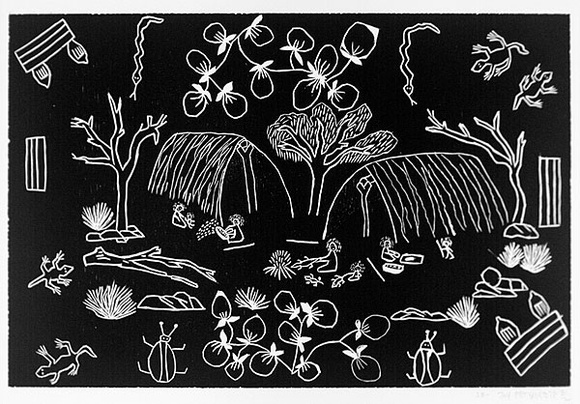 Artist: b'Petyarre, Joy' | Title: b'not titled [No.38]' | Date: 1990 | Technique: b'woodcut, printed in black ink, from one block' | Copyright: b'\xc2\xa9 Joy Petyarr.  Licensed by VISCOPY, Australia'