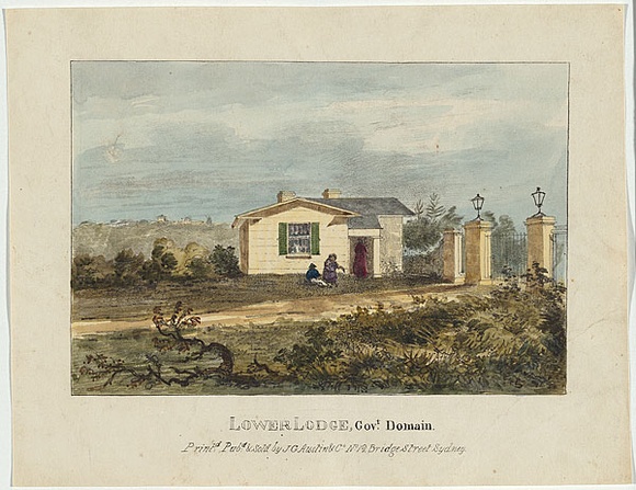 Artist: b'Russell, Robert.' | Title: b'Lower lodge, Government Domain.' | Date: 1836 | Technique: b'lithograph, printed in black ink, from one stone; hand-coloured'