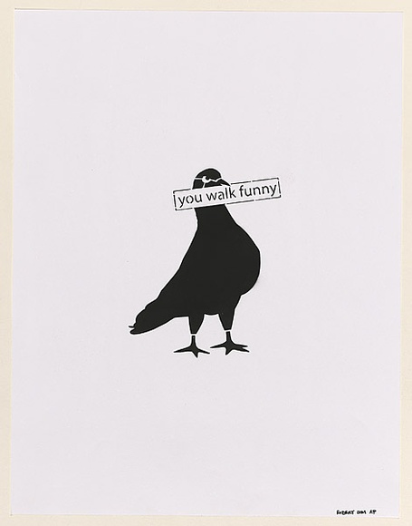 Artist: b'SIM, Robert' | Title: b'You walk funny.' | Date: 2003 | Technique: b'stencil, printed in black and white ink;  handcoloured with red ink'