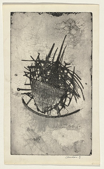 Title: b'not titled [shape reminiscent of boat with cross hatched lines]' | Date: c.1962 | Technique: b'etching and lavis, printed in black ink, from one copper plate'