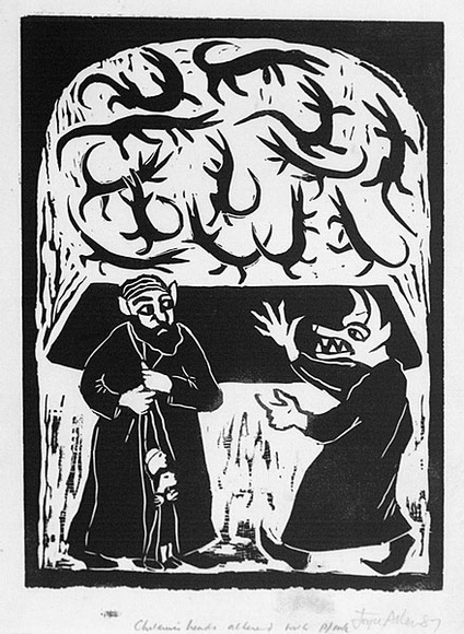 Artist: b'Allen, Joyce.' | Title: b'(Wizard Agonis protecting Pai Korri and Winnie from Wizard Lambertia) (Illustration 7).' | Date: 1987 | Technique: b'linocut, printed in black ink, from one block; additions in black fibre-tipped pen'