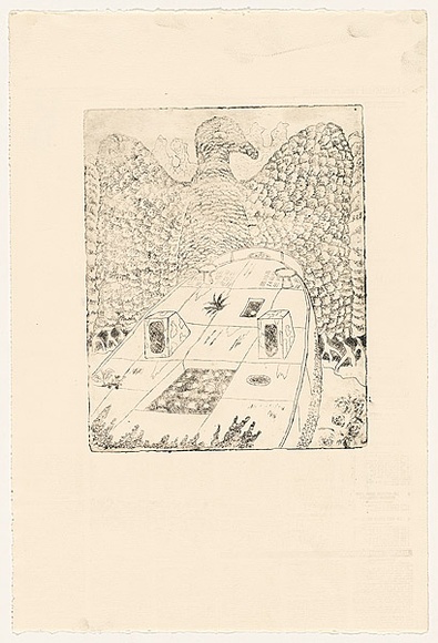 Title: b'not titled [giant bird, wings outstretched]' | Date: c.1990 | Technique: b'etching, printed in black ink with plate-tone, from one plate'