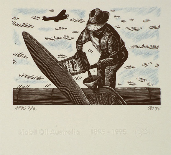 Artist: b'Atkins, Ros.' | Title: b'Plane/man' | Date: 1995, August | Technique: b'wood-engraving, printed in black ink, from one block; lithograph, printed in blue ink, from one stone'