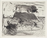 Artist: BOYD, Arthur | Title: Figure and floating figure with beasts. | Date: 1960-70 | Technique: etching, printed in black ink, from one plate | Copyright: Reproduced with permission of Bundanon Trust