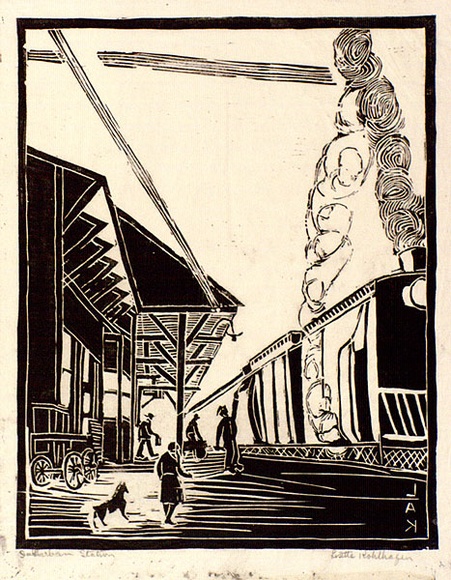 Artist: b'Kohlhagen, Lisette.' | Title: b'Suburban station.' | Date: c.1952 | Technique: b'wood-engraving, printed in black ink, from one block' | Copyright: b'\xc2\xa9 Lisette Kohlhagen. Licensed by VISCOPY, Australia'